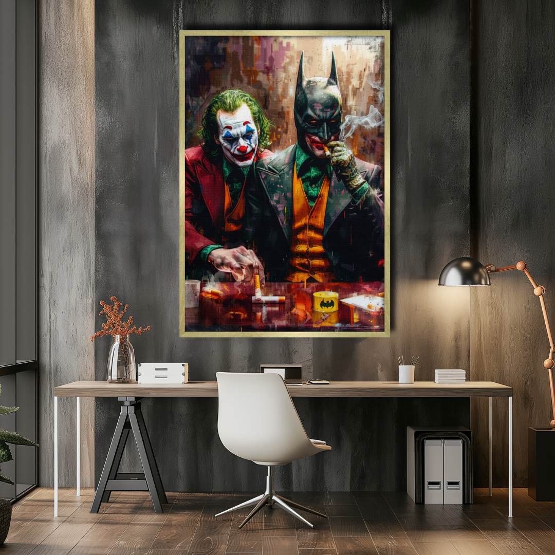 stampa su tela pop art di joker e batman che fumano ad un bar, esposta in un raffinato ufficio