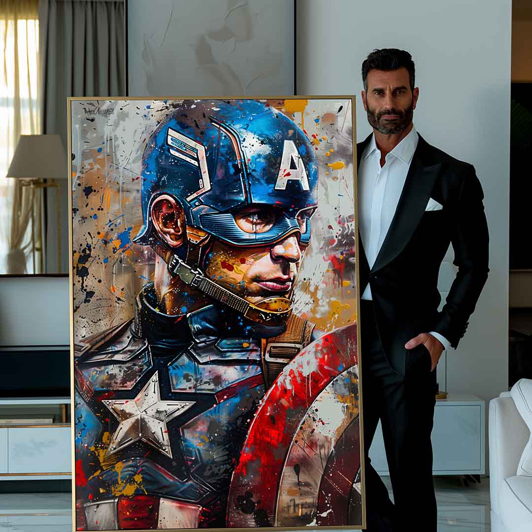 uomo in casa con stampa su tela moderna di capitan america marvel colorato