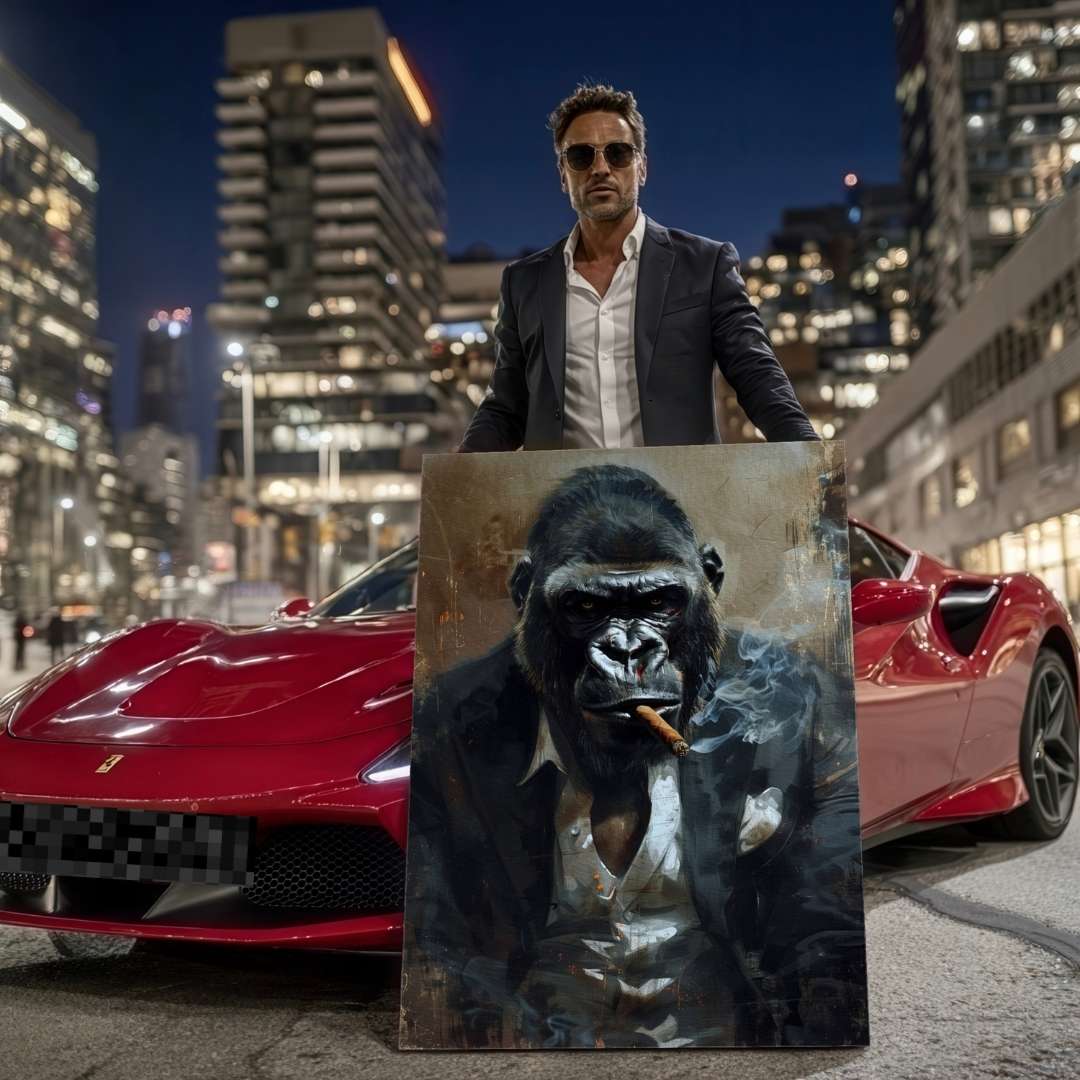 uomo ferrari mostra stampa su tela moderna di un gorilla in giacca e camicia, che fuma un sigaro con sguardo arrabbiato