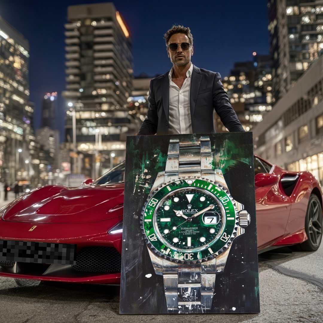 uomo in ferrari mostra quadro rolex submariner moderno