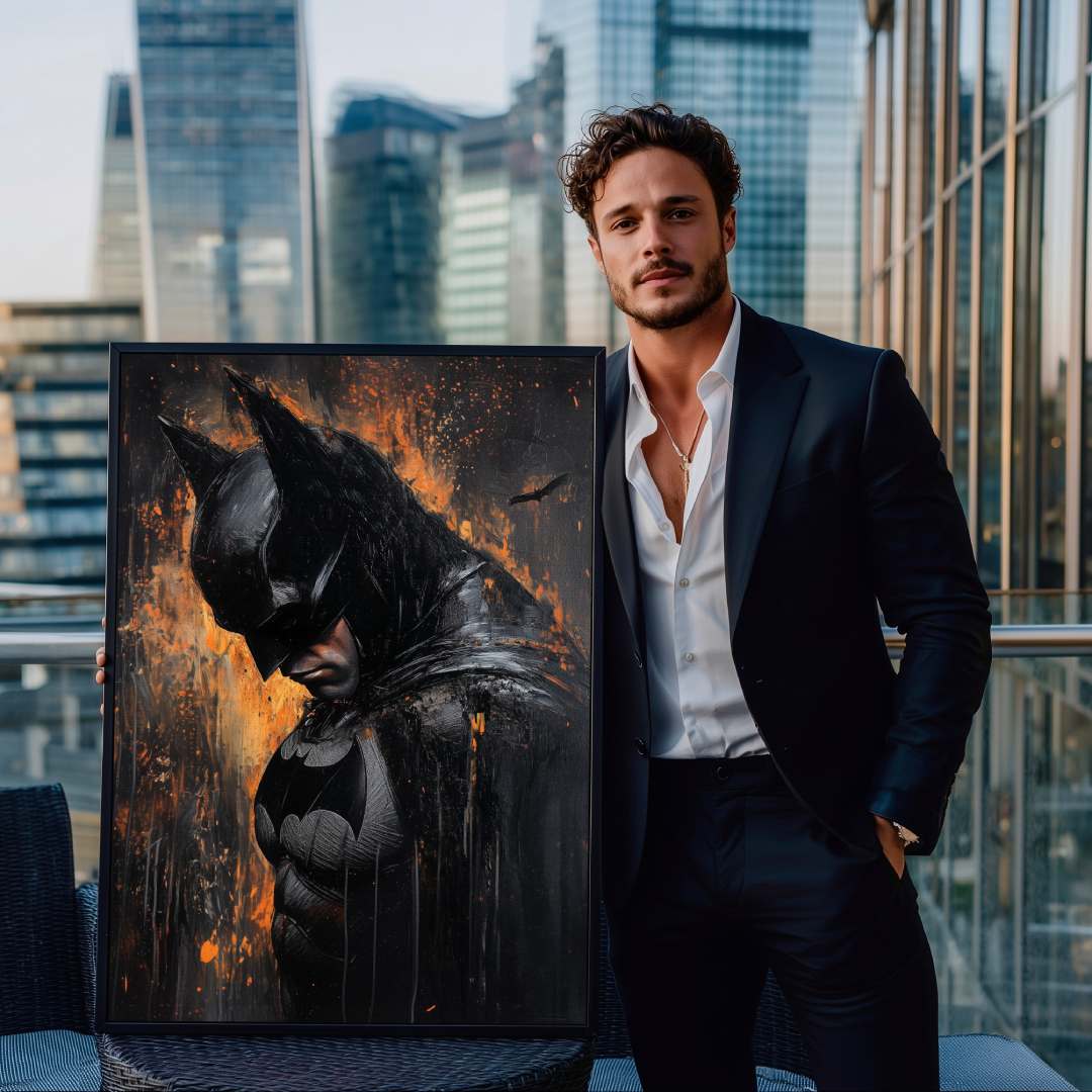 uomo balcone grattacielo tiene stampa su tela batman moderno nero oro