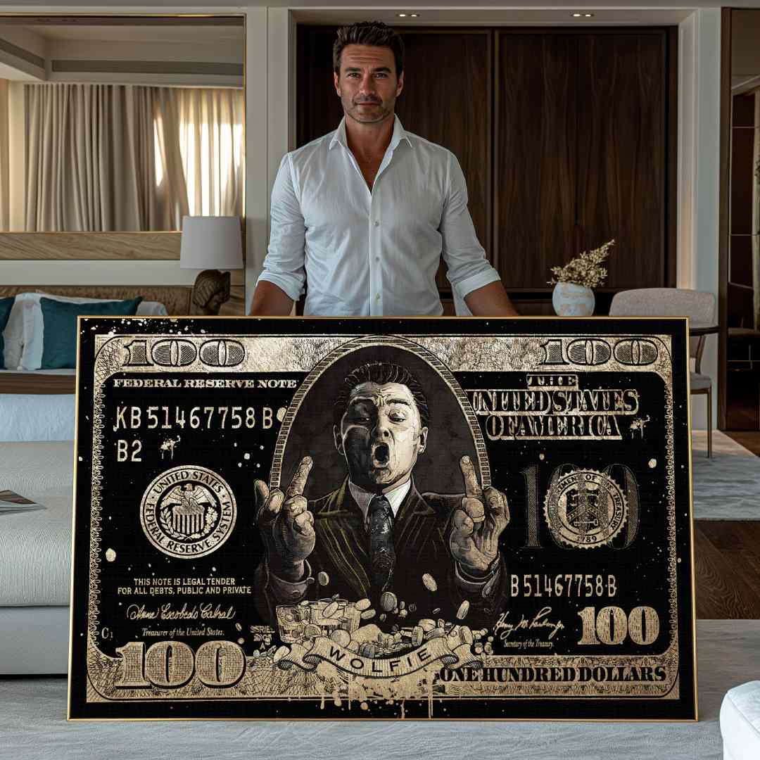 Tela pop art di banconota da 100$ con DiCaprio come Jordan Belfort in wolf of wall street, mostrata da un uomo