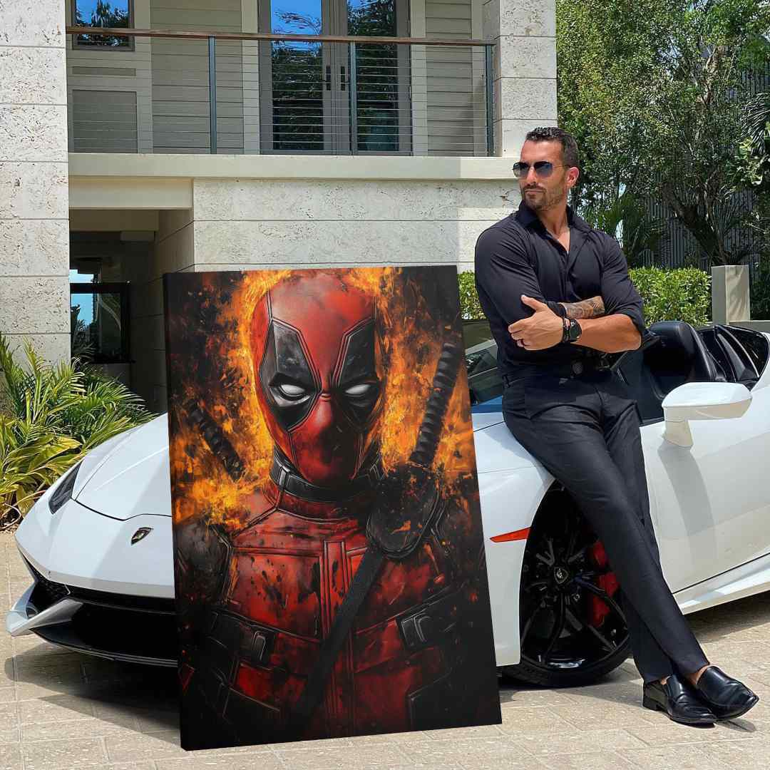 businessman mostra stampa su tela deadpool