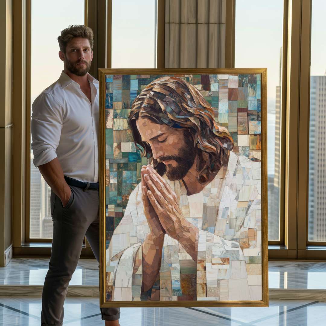 uomo mostra quadro moderno gesu cristiano preghiera
