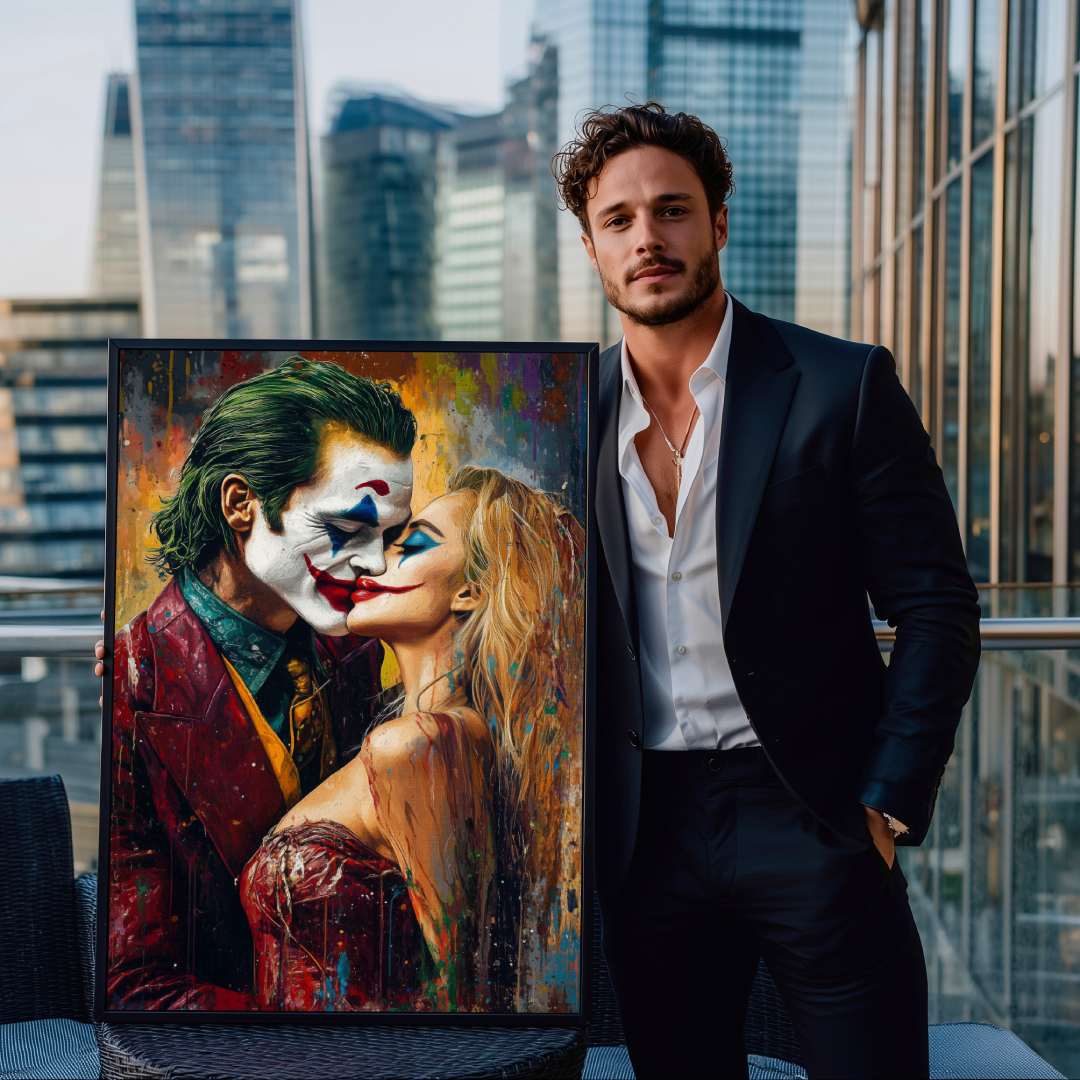 uomo mostra stampa su tela moderna di joker bacia harley quinn in joker 2, colori vivaci