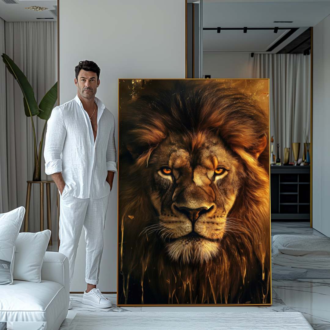 uomo mostra quadro moderno  leone primo piano lussuoso elegante