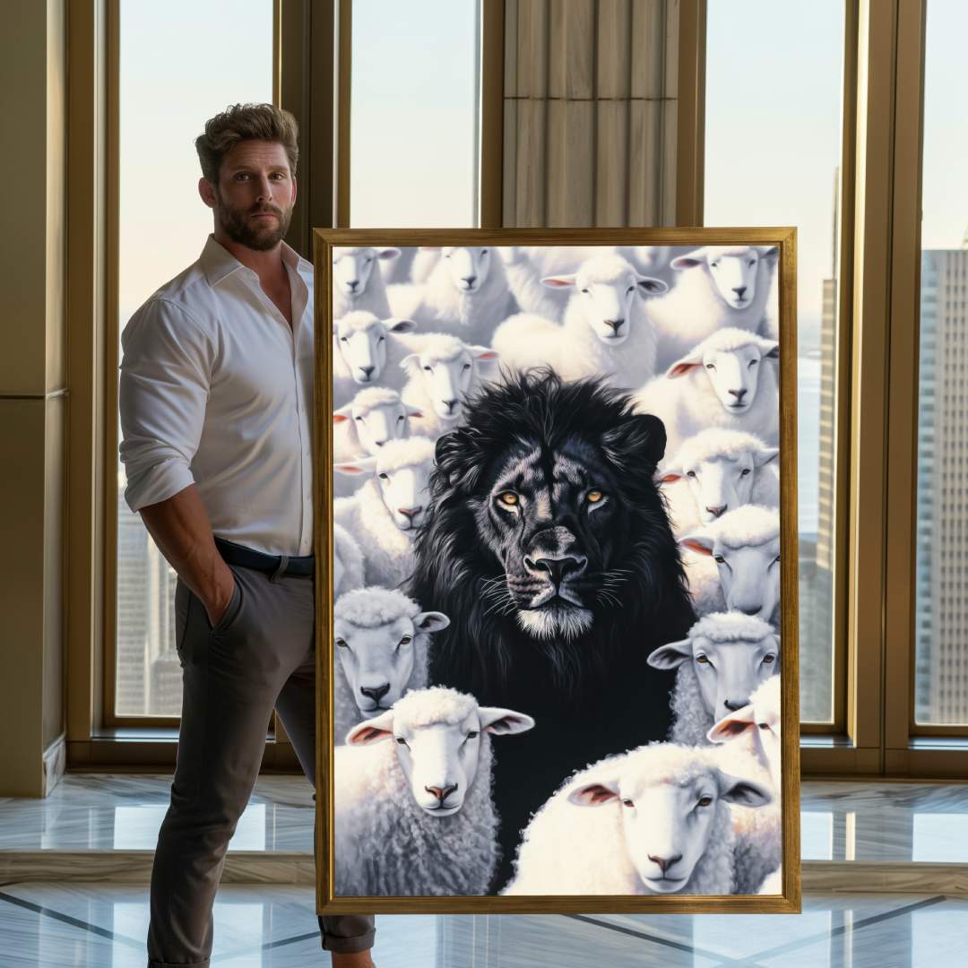 uomo mostra quadro moderno leone nero tra le pecore pecora nera