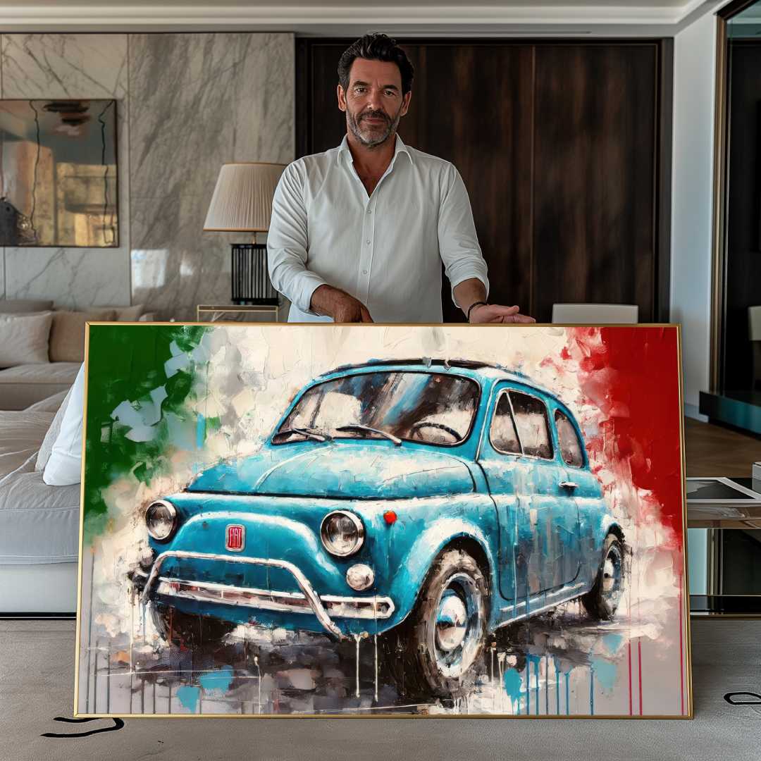 uomo mostra quadro moderno fiat  500 vintage blu bandiera italiana sullo sfondo