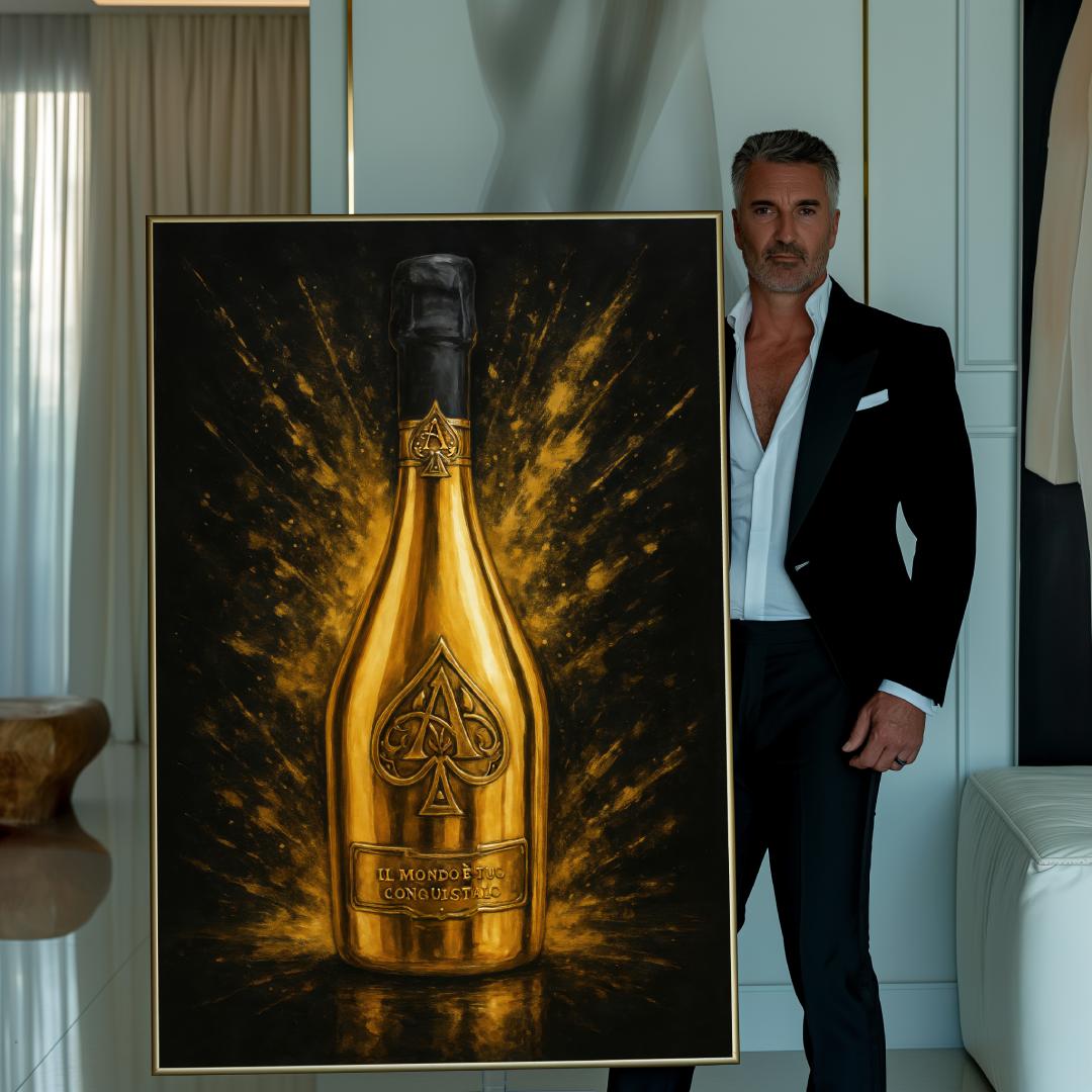 uomo mostra quadro moderno con bottiglia d'oro Armand de Brignac su sfondo nero
