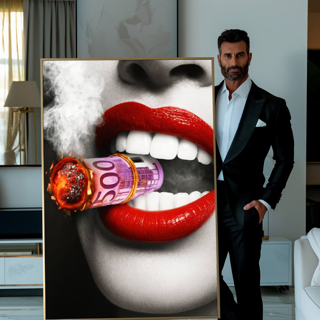 uomo mostra quadro moderno donna attraente labbra rosse fuma banconote 500 euro digato fumo bianco salotto