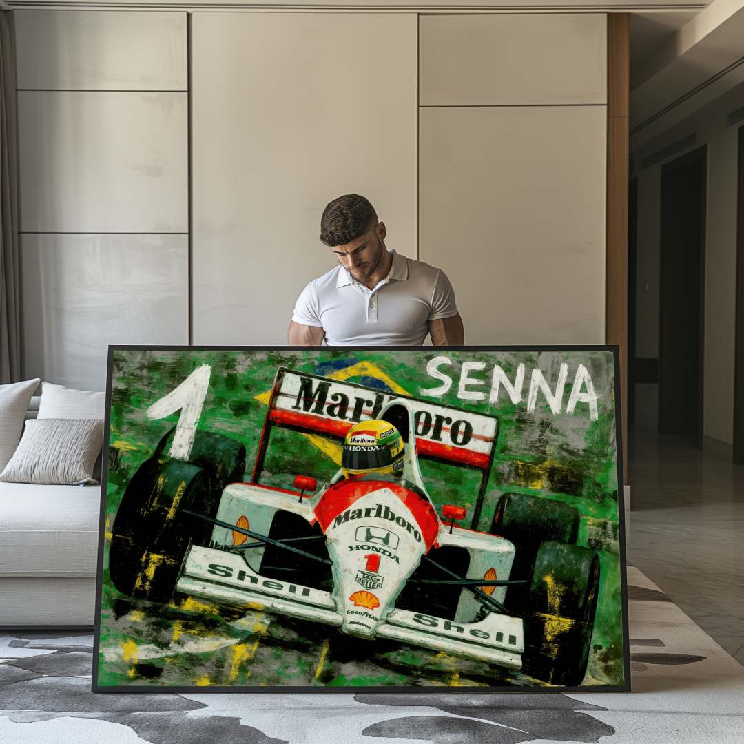 ragazzo mostra quadro moderno senna maclaren formula 1 appeso salotto bandiera brasile