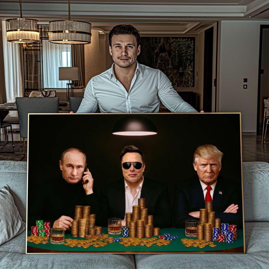 ragazzo mostra quadro moderno donald trump elon musk e vladimir putin che giocano a poker fiches e soldi salotto