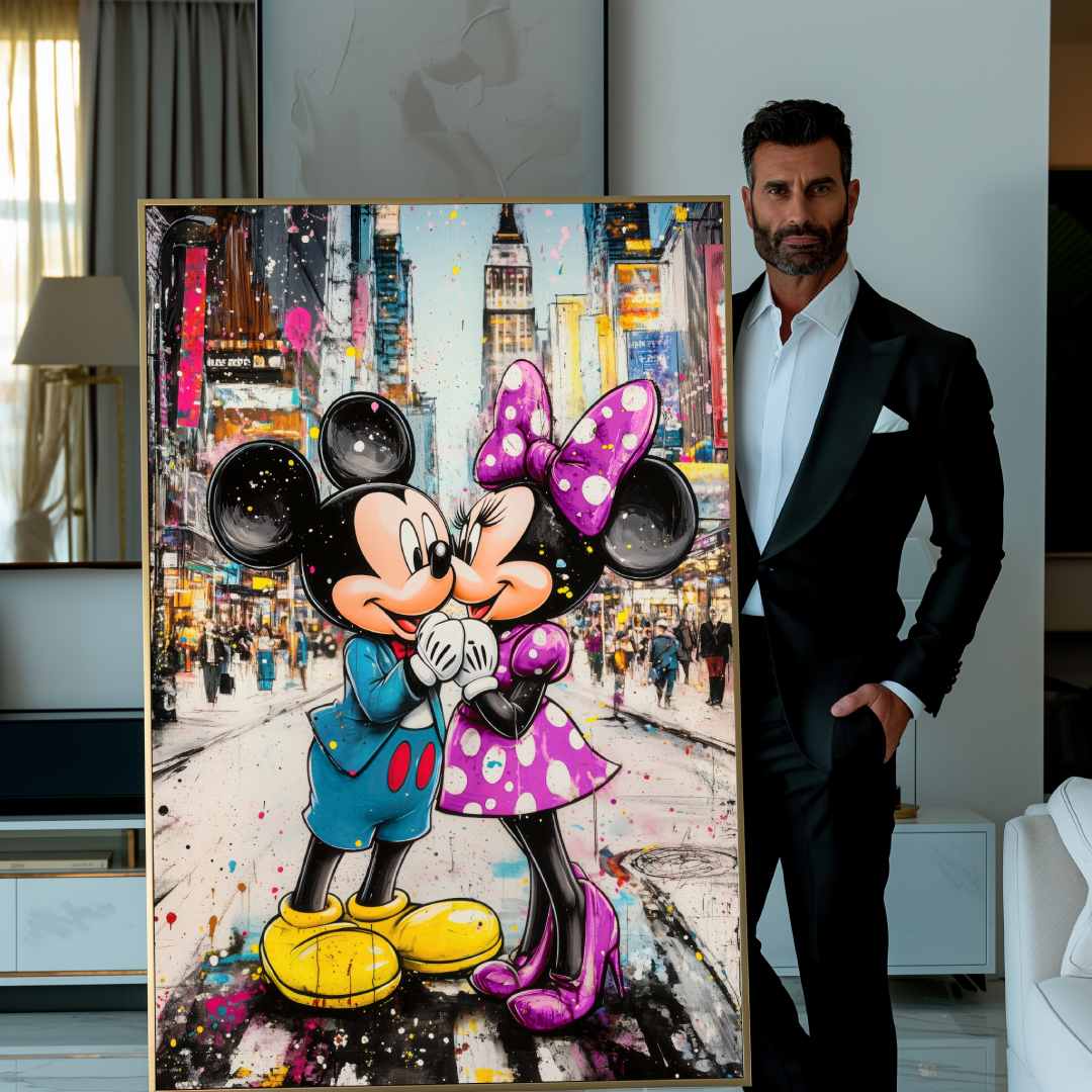 uomo mostra quadro topolino minnie bacio a new york colorato