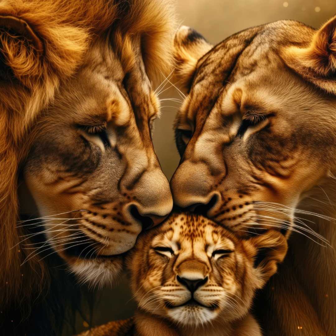 dettaglio zoom quadro moderno leone e leonessa con cucciolo che si coccolano